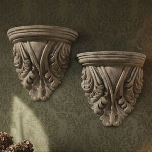 Orleans Ornamental Shelf Wall Sconce with Antique Finish Feather Detail Vtg Pair